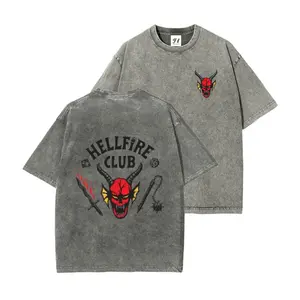 Hellfire Club Hawkins Washable Direct Spray T-Shirt 260g Heavy Cotton Vintage Double Sided Funny Valentine Gift for Wife & Fandom Crew