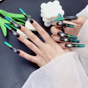 Dark Aurora Green Gradient Long Nail Art, Black Silver Gradient Illusion Color Collision+Advanced Sense, Cyber Life Armor!