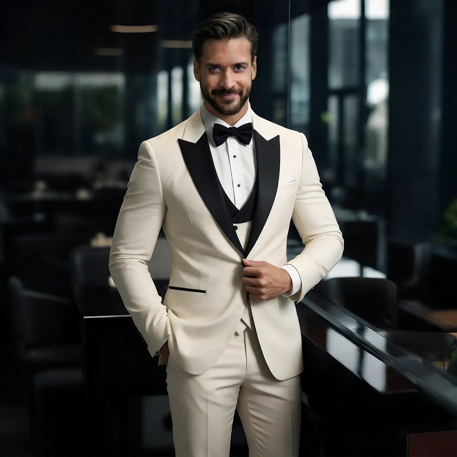 3-Piece Men's Suit Set - Black Peak Lapel Slim Fit Tuxedo Jacket with Vest & Trousers | Business Wedding Blazer Set Formal Beige