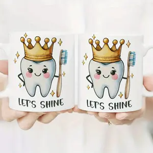 11oz Ceramic Coffee Mug - Funny Dental Gift with Crowned Tooth & Toothbrush Design, "Let's Shine!" Sarcastic Humor Mug for Dentists, Orthodontists, Dental Students - Unique Office Desk Accessory, Ideal Birthday Gift for Men & Women, Dental Accessories, Pl
