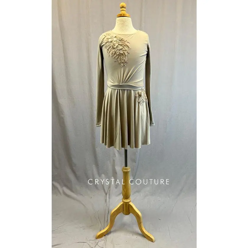 Taupe Long Sleeve Jersey Dress with Appliques - Rhinestones
