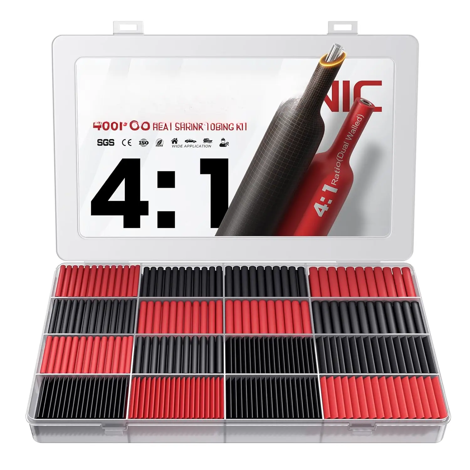 4:1 Heat Shrink Tubing Kit - 400 count Adhesive Lined, Wire Shrink Wrap Tubing, Marine Grade Industrial Heat-Shrink Tubing, Black and Red