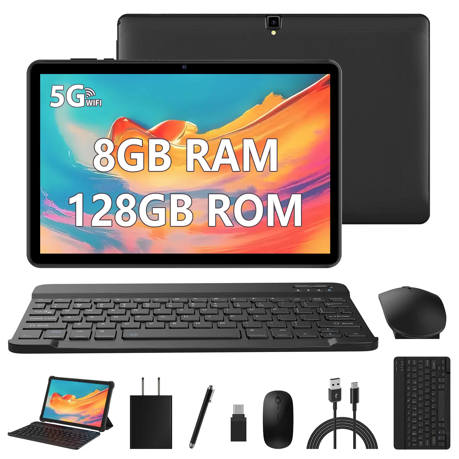 Android 13 Tablet Bundle, 10.1" IPS HD Display, 8GB RAM + 128GB ROM (Up to 1TB Expandable), Quad-Core Processor, 8000mAh Battery, Dual-Band WiFi, Complete Set with Keyboard, Mouse, Stylus & Case, WiFi-Only Tablet PC