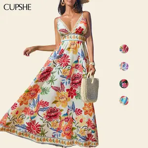 CUPSHE Vibrant Oasis Tropical Maxi Dress with Square Neckline Sleeveless Floral Print Back Zip Closure Boho Beach Bohemian Outfit for Women - Yellow birthday outfit SpringStatements