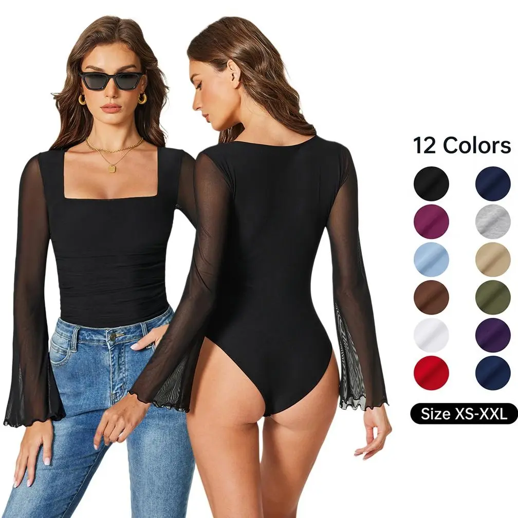 Avidlove Bodysuits for Women Long Bell Sleeve Mesh Square Neck Body Suits Going Out Ruched Bodysuit Tops Concert Outfits