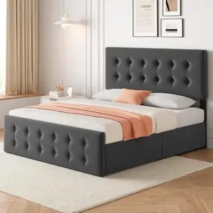 Dark Gray Queen Size Linen Fabric Upholstered Platform Bed Frame with Adjustable Headboard, Button Tufted Design, 4 Storage Drawers, Wood Slats