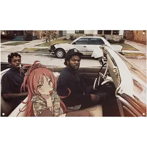 Waifuz n the Hood feat Kyoko Sakura Flag Funny Tapestry Banner Game Room Gym Dorm Wall Man Cave Decor 3X5 Feet with 4 Grommets for Easy Hanging boys and girls room decor