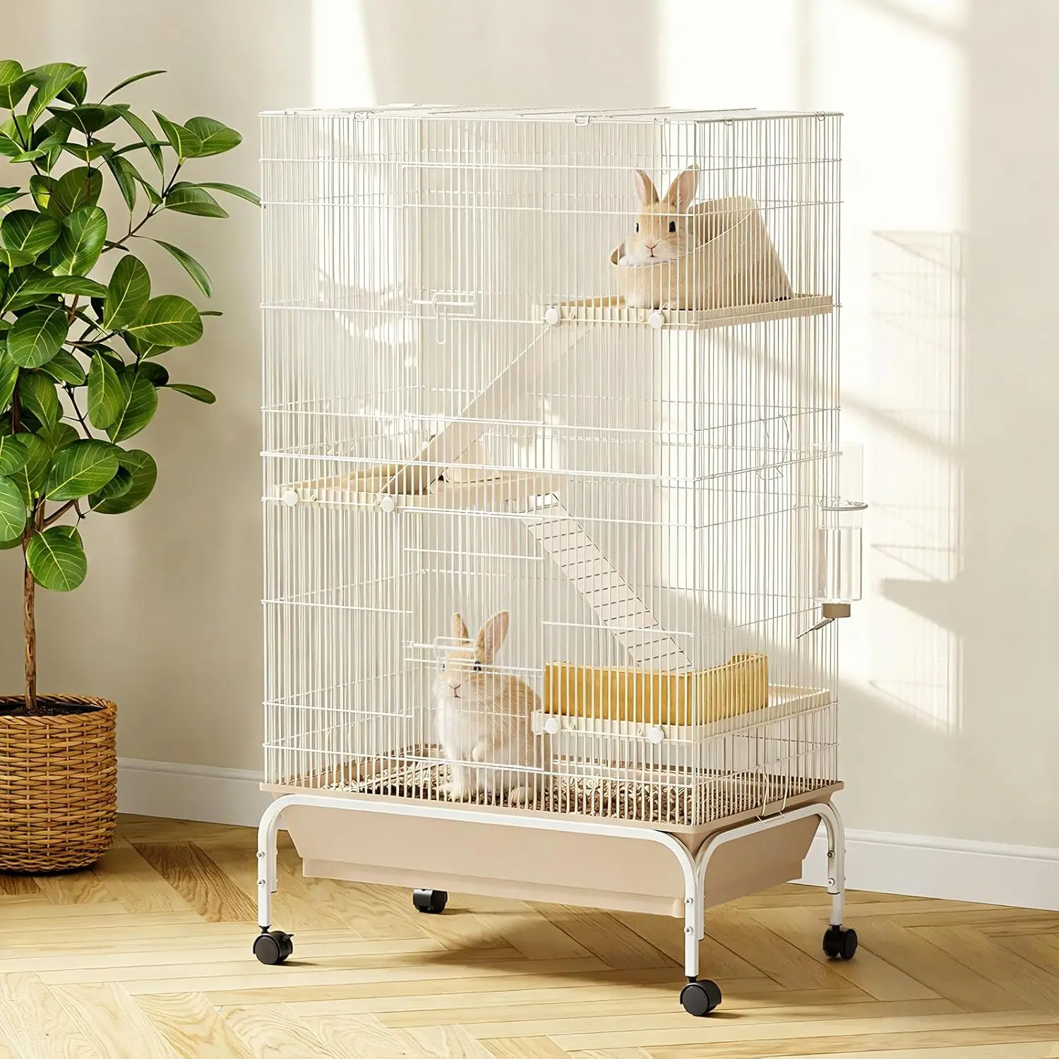 Small Animal Cage 4-Tier, 48/55" h Large Guinea Pig Cage with 3 Ramps, Water Bottle, 5.1" Deep Tray, Bowl, Metal Sugar Glider Cage on Wheels for Guinea Pigs, Chinchillas, Ferret, Rat, Rabbit