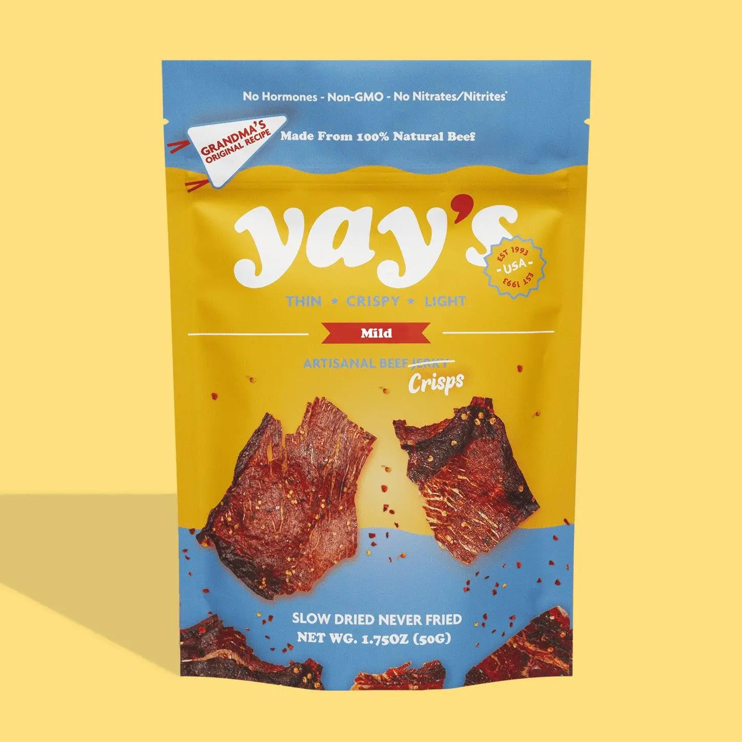 Yay's Snacks The Original Mild Beef Crisps - High Protein Dried Meat Snacks Slow Dried 24 Hours 1.75oz