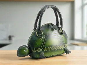 Genuine Handmade Leather Green Turtle Handbag with Zip - Adorable & Functional Design for Keys Phone Wallet - Unique One-of-a-Kind Accessory