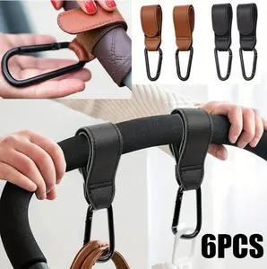 6 Pack Multi-Functional Stroller Hooks for Baby Stroller, Adjustable Hook & Loop Fastener Premium PU Leather Hanging Clips with Heavy Duty Metal Carabiner,Holds Diaper Bags Grocery Bags Purse Water Bottles,