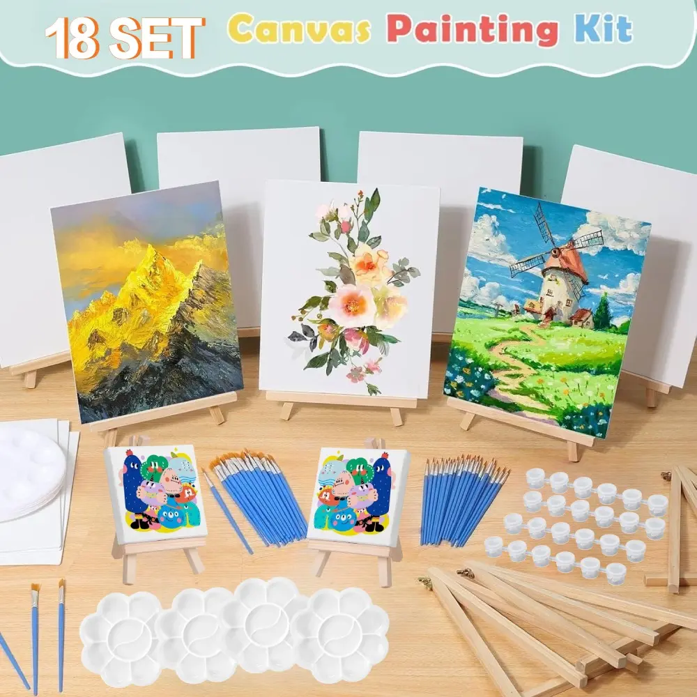 18 sets of painting party tools, party tools that can be painted, including wooden easels, frames, color palettes, mini paint boxes (without paint), small brushes