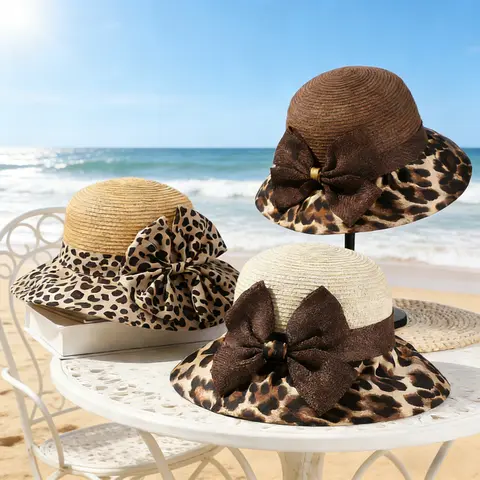 Unisex Adults' Breathable Leopard Print Straw Bucket Hat with Bow Accent - Wide Brim Tropical Sports Outdoor Hat for Spring-Summer Beach Activities, Sports Outdoor Hats, Straw Hat