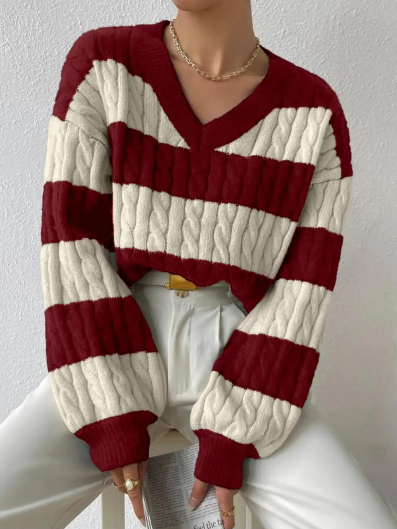 Women's Cable Knit Color Block Striped V Neck Loose Oversized Baggy Sweater Knitwear, Casual Long Sleeve Drop Shoulder Jumper Pullover Tops for Autumn & Winter, Korean Aesthetic Style Clothes Womenswear