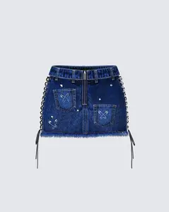Maja Blue Denim Lace Up Micro Mini Skirt