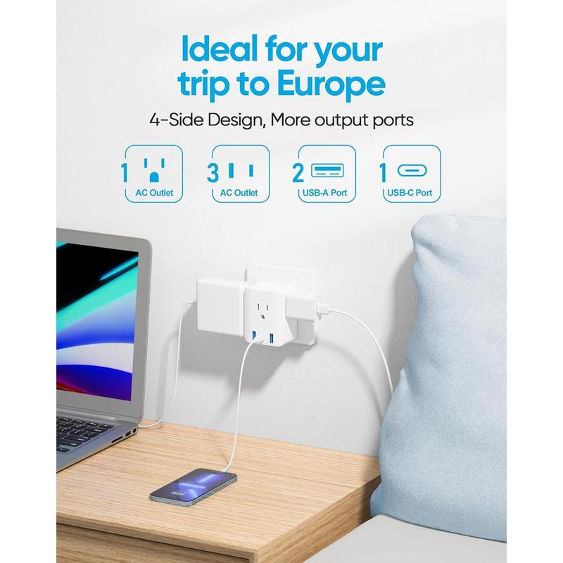SQ-APT016 European Travel Plug Adapter,  Foldable International Power Adapter with 4 Outlets 3 USB Ports, Type C Plug Adapter for US to Europe, Italy Spain Iceland France Germany