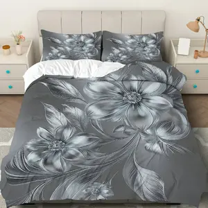 3PCS Duvet Cover Set, 1 Duvet+2 Pillowcases(Without filler), Elegant Floral Grey theme, Christmas bedding set, Luxurious Soft Comfortable Suitable for decoration Bedroom, Guest Room, Apartment, Hotel.