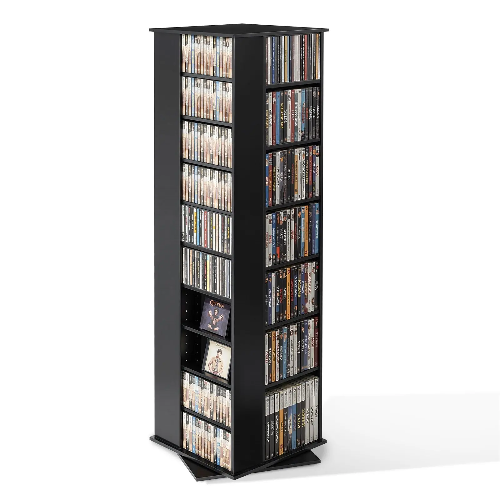 Media Storage Cabinet and Rotating CD Rack Tower with 34 Compartments for CDs DVDs Books and Game Discs, DVD Stand for Living Room Home Office Recording Studio, Black Finish, Space Saving Disc Organizer and Entertainment Storage
