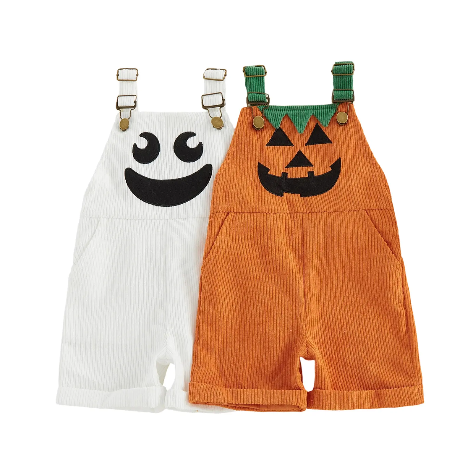 Toddler Baby Little Boy Girl Halloween Overalls with Pockets Ribbed Devil Face Pattern Sleeveless Jumpsuit 1-5 Years