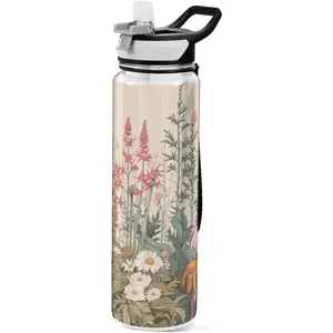 Flowers Water Bottle with Straw Lid 32oz Leakproof Clear Gym Water Bottles for Women Men Outdoor Sport Drinking