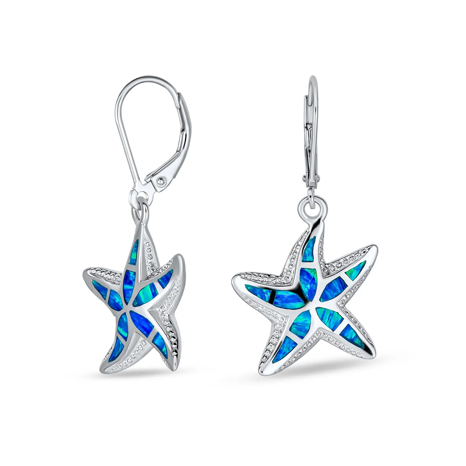 Nautical Created Opal Dangling Starfish Earrings Sterling Silver Lever Back