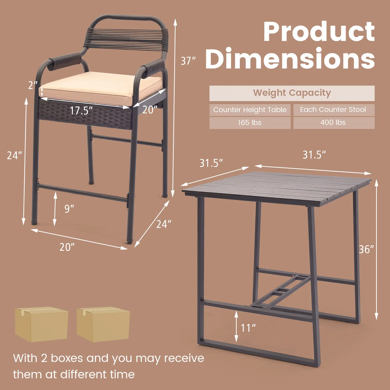 COSTWAY - 5 Piece Rattan Counter Set with 4 Stools and Polywood Bar Table-Brown