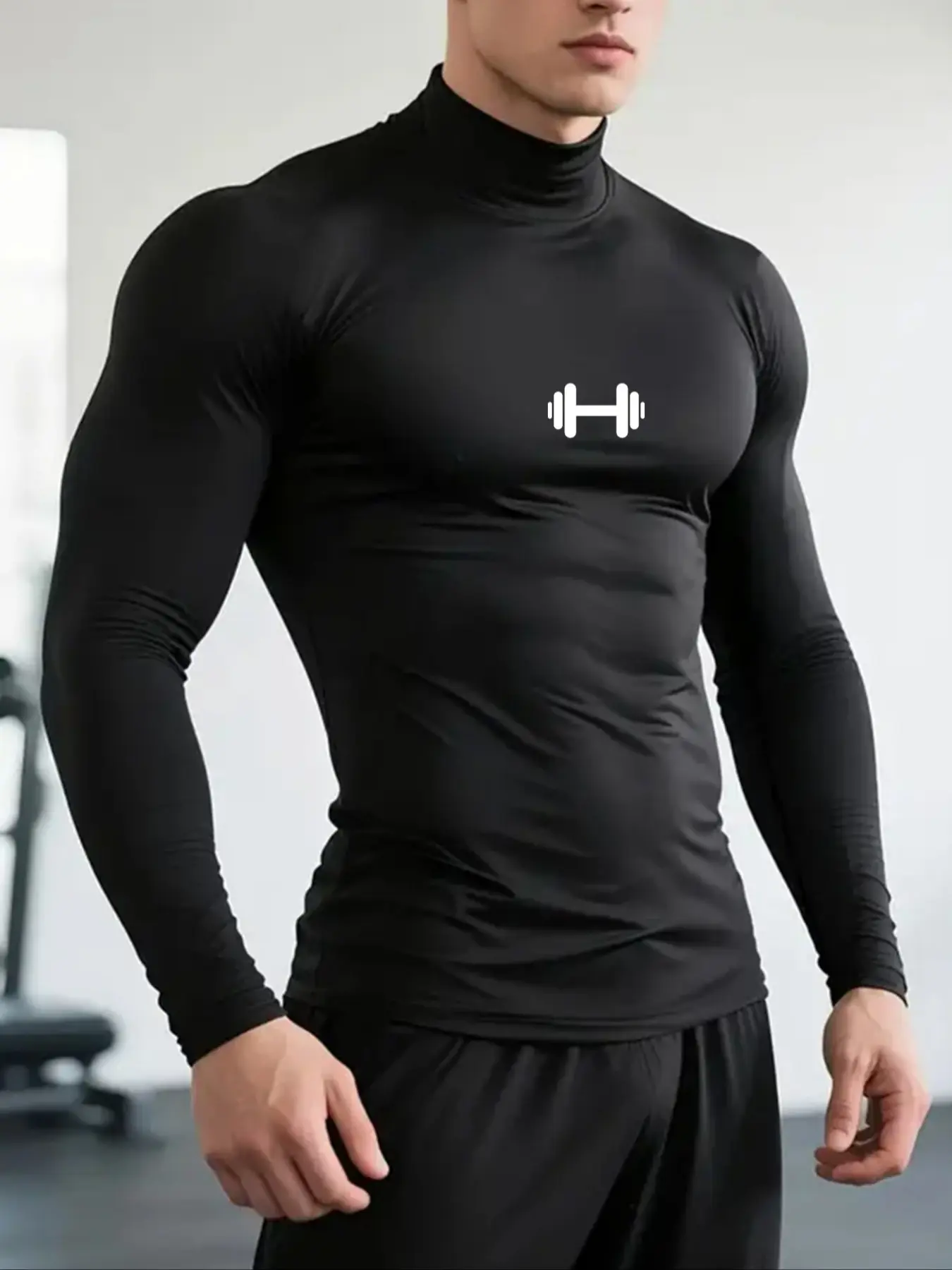 Men's High Neck Tight-Fitting Long Sleeve Sports Top, Fitness Apparel, Perfect for Gym and Fitness, Showcases Body Lines, Logo Design, All Seasons Activewear