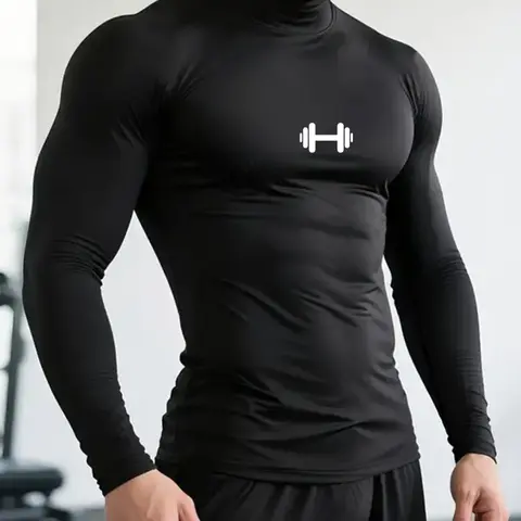 Men's High Neck Tight-Fitting Long Sleeve Sports Top, Workout Top, Fitness Apparel, Perfect for Gym and Fitness, Showcases Body Lines, Logo Design, All Seasons Activewear