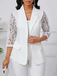 Elegant Chic Women's Lace Patchwork Fitted Blazer Hrs062, Spring & Fall Fashion, Lapel Collar Button Front Design, 7/8 Sleeve Jacket