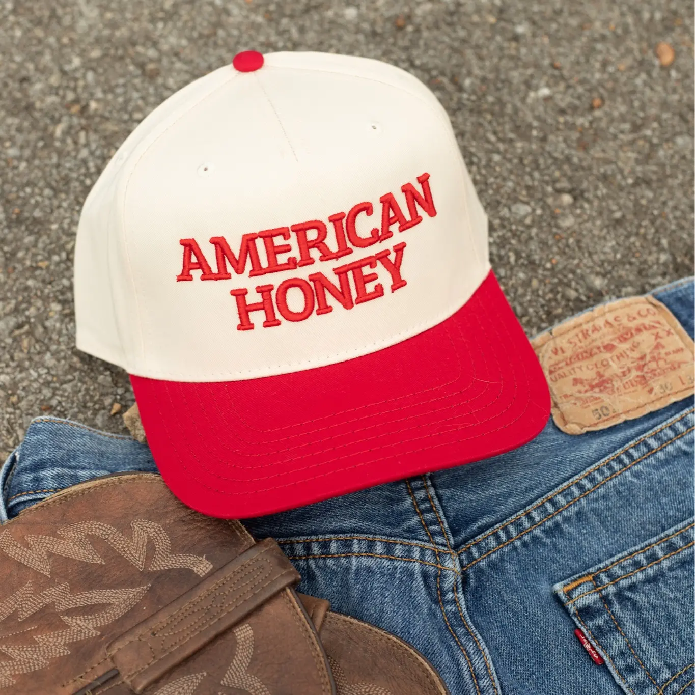 American Honey Trucker Hat - White with Red Accents, Classic Design, Adjustable Fit, Ideal for Outdoor Activities