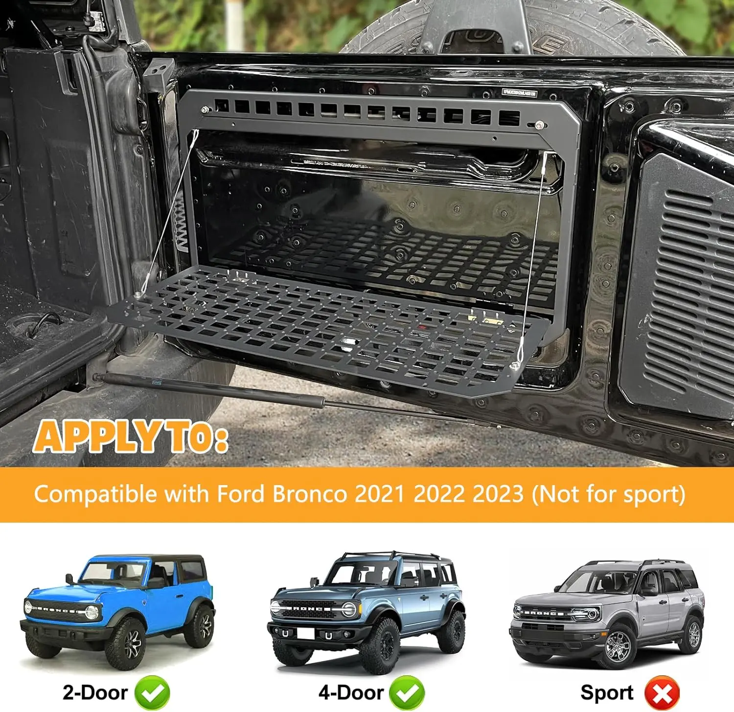 Foldable Tailgate Rack for 2021 2022 2023 2024 Ford Bronco 2/4 Door Single Layer Tailgate Table Molle Panel Cargo Organizer Shelf Rack Tool Storage Holder, No Drilling Set Hand