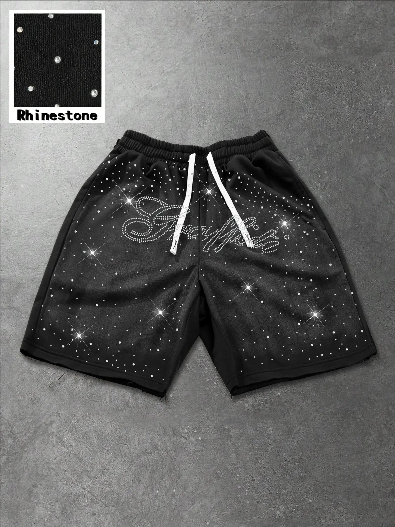 Men's Casual Short Pants, Drawstring Elastic Waist, Full Rhinestone Embellishment, 'forever' Print, Summer Street Style, Graphic Loose Shorts, Casual Wear Shorts, Casual Streetwear Shorts, Summer Fashion Shorts