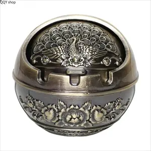 Vintage Metal Peacock Pattern Ashtray Portable Travel Pocket Size Reusable Smokeless Decorative Ash Holder Durable Waterproof Stylish Retro Art Ornament Multifunctional Essentials for Home Office Bar Outdoor Patio Camping Travel Indoor Desktop Table Decor