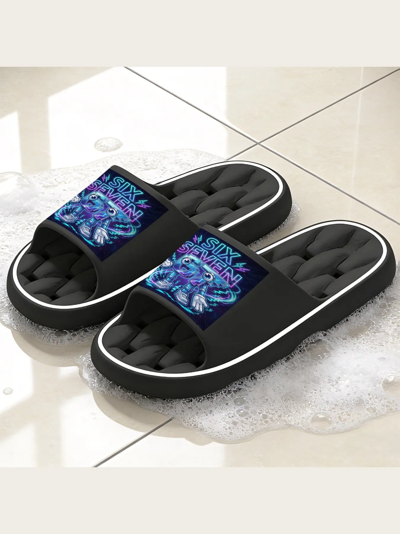 Stylish Casual Slides for Indoor Outdoor, Cute Neon Cyber 6 7 Cartoon Character Graphic Non-Slip Soft Sole Open Toe Slippers, Trendy Lightweight Comfortable House Shower Slide Sandals for Men Women Teen