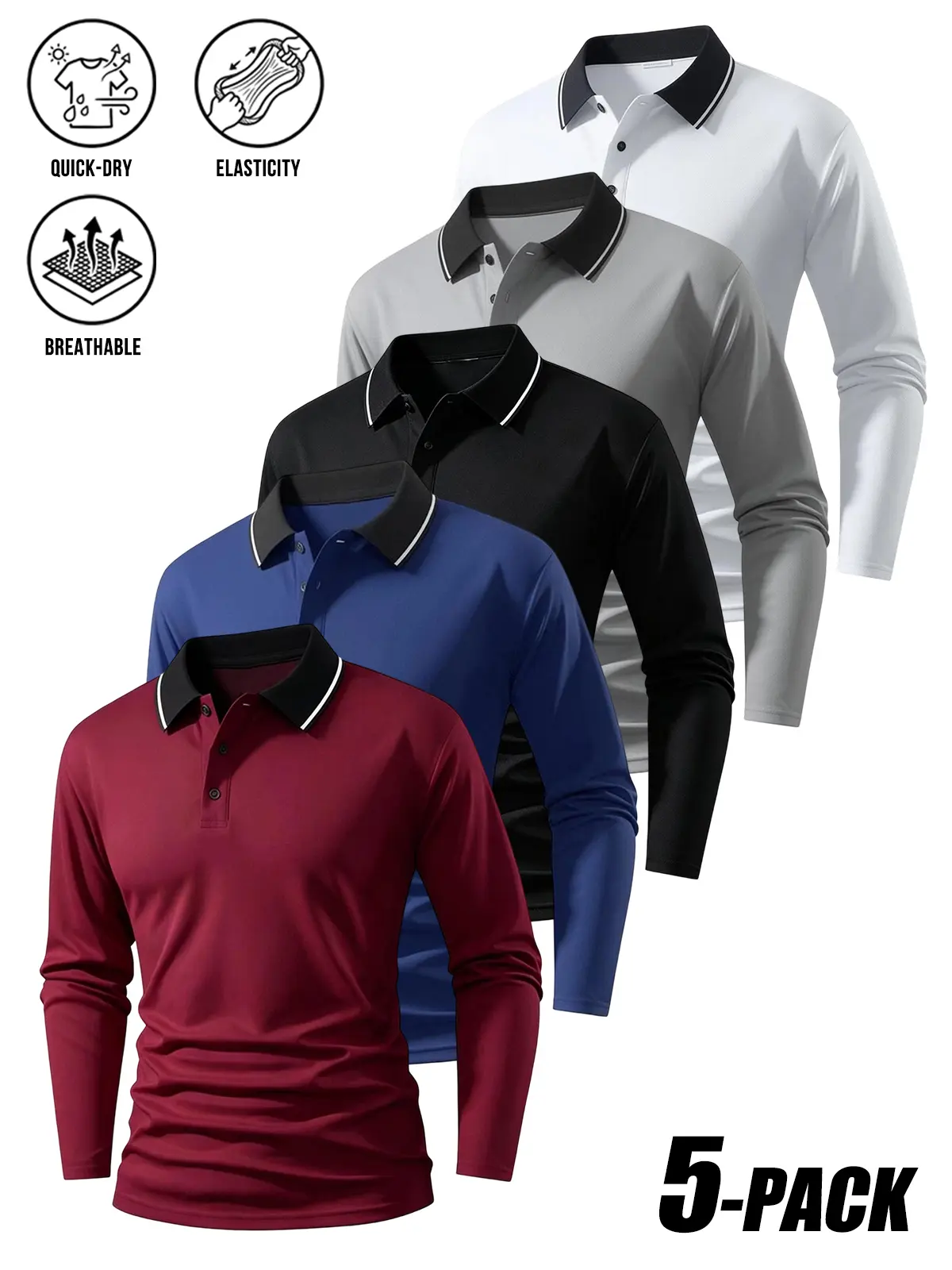 5-PACK Men's Contrast Tipped Trim Collar Long Sleeve Polo Shirts, Quick Dry Breathable Elastic Mesh Collared Performance Tops, Clean Fit Minimal Urban Casual Golf Polos For Business Office Outdoor Daily Multipack