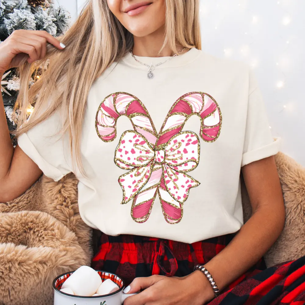 Candy Cane Bow Comfort Colors T-Shirt Coquette Christmas Graphic Tee Holiday Womenswear Festive Top