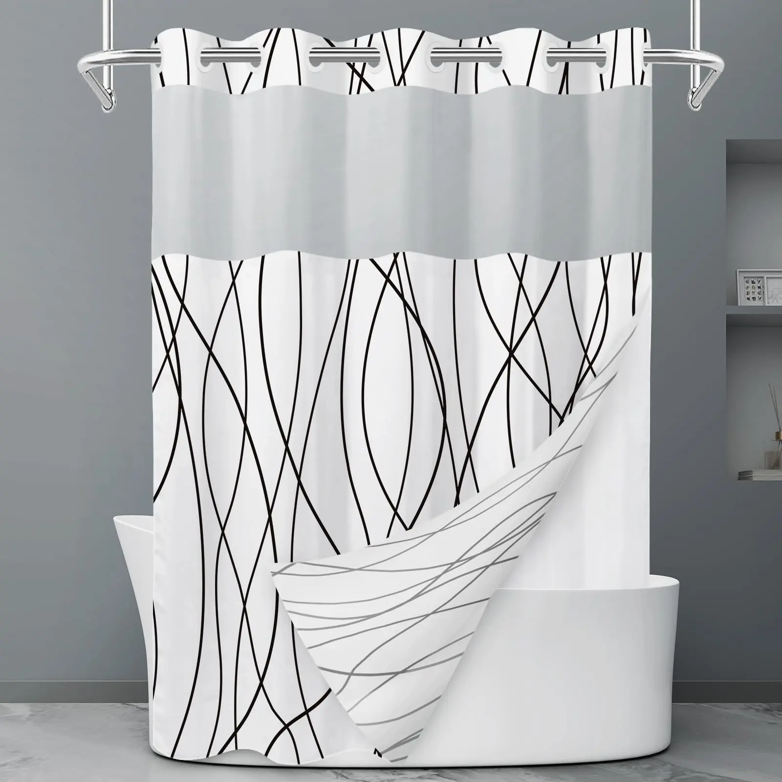 Black White No Hook Shower Curtain with Liner, Stripe Pattern,Waterproof,Quick Dry,Mesh Top Window,Bottom Magnets,Hotel Style,Machine Washable,Modern,for Bathroom 71 x 74 Inch