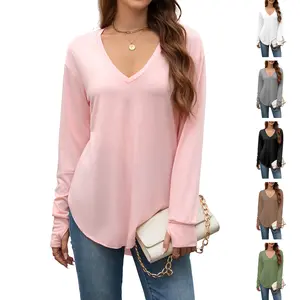 Aswulk Womens Deep V Neck Tunic Tops Long Sleeve Oversized Casual Loose Fit Curved Hem T Shirts