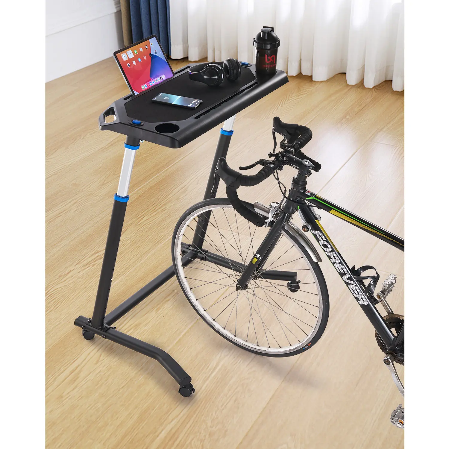 【summerfinds】VEVOR Cycling Desk, Mobile Foldable Multi-Functional Bike Trainer & Treadmill Desk with Lockable Wheels, Non-Slip Multi-Slot Bike Trainer Fitness Desk with Handle Bar, Fit for Home Office Exercise