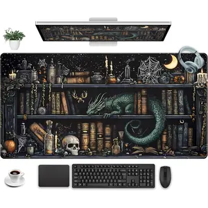 Black Desk Mat Gaming Desk Pad Large Mouse Pad, Mysterious Library Mouse Mat Laptop Keyboard Pad, Vintage Gamer Mouse Pad Full Desk Mousepads Cool Office Desk Accessories