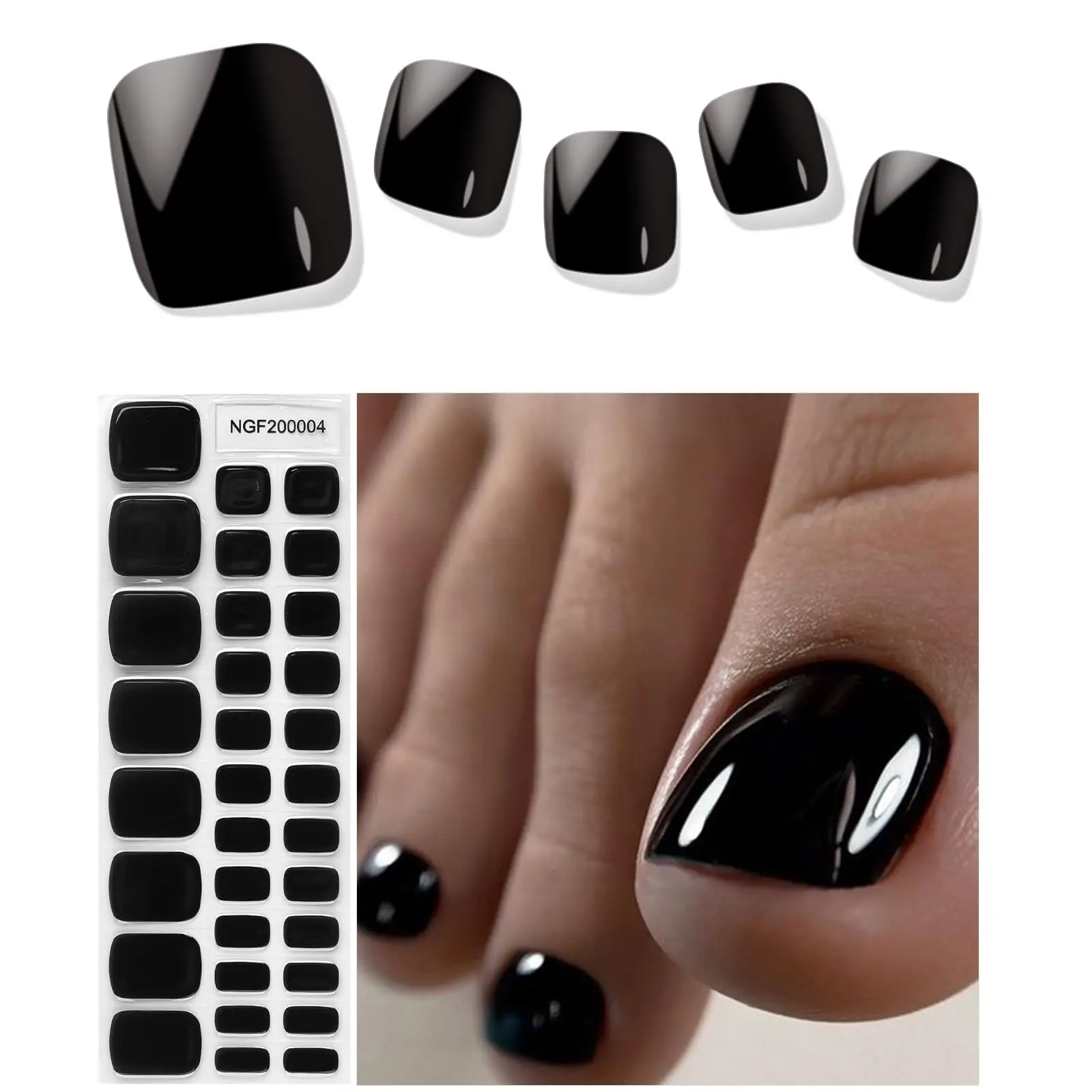 Kalolary Real Gel Toenail Wraps Strips - 32 Pcs Black Pedicure Stickers, Long-Lasting Salon Quality Nail Art Accessories with Nail File & Wood Stick, File Apply Cure, Easy to Use (UV/LED Lamp Required), Glossy, Multi-Pack, Waterproof, No Damage To Toenail