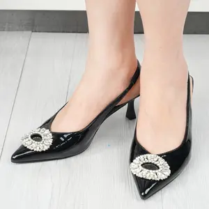 SHOBOO Women's Kitten Heel Crystal Slingback Pumps Pointed Toe Dress Shoes with Elastic Strap for Party Working Dressy Stylish Girl Fashion Footwear Classy High Heels Elegant Walking Shoes