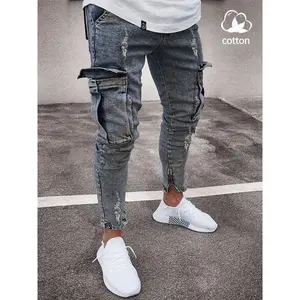 Men's Slim Fit Elastic Denim Work Pants, Ripped Tight Design, Vintage Raw Hem, Straight Fashion Style, Comfortable Waist, Casual Wear