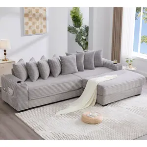 [New Arrival] [Video Included] (Ships in 2 Packs) Niccae 110.75-inch Modular L-Shaped Sofa, Corduroy Fabric Combination Sofa with Movable Footstool, Cup Holder, 8 Cushions, Side Pockets, Can be Unfolded into a Bed