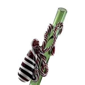 Glass Straw. Reusable hand blown emerald green straw with flamework candy cane octopus Drinkware