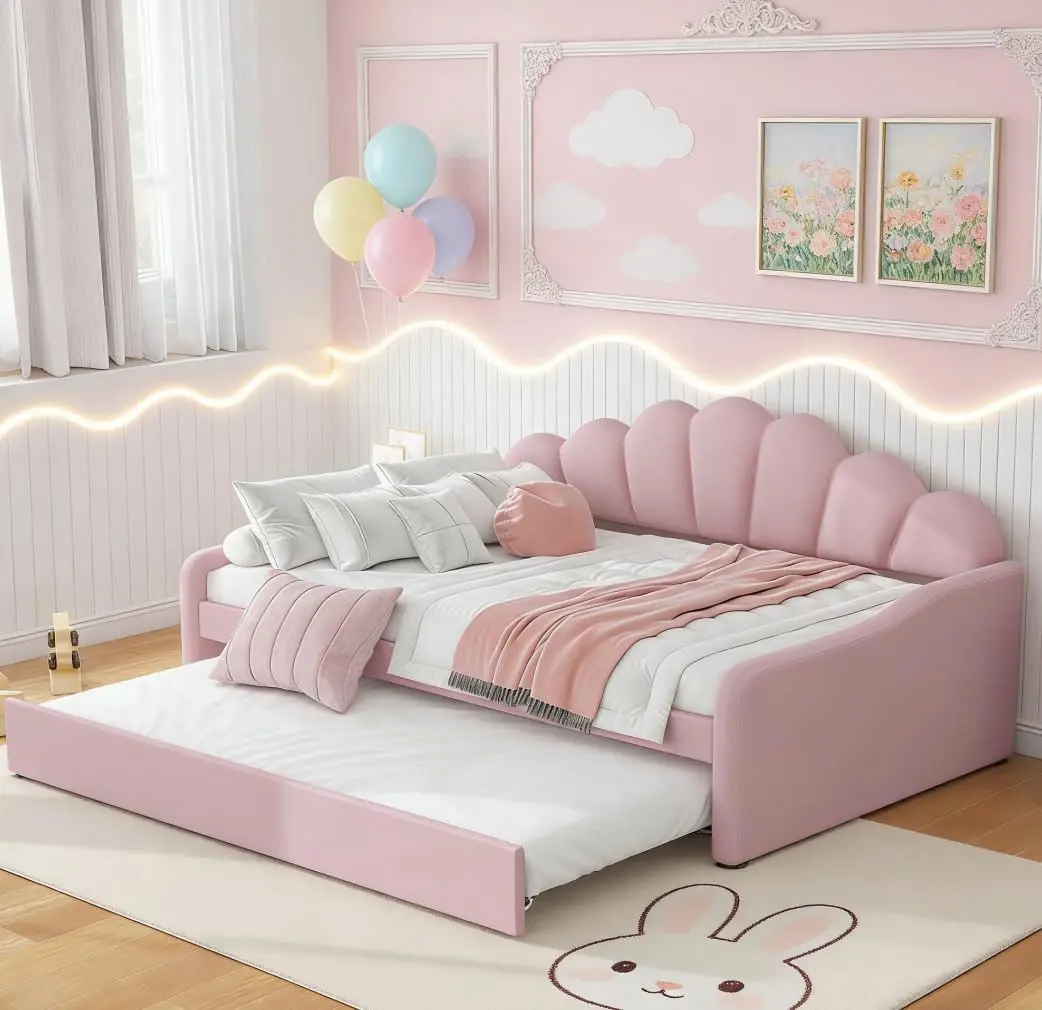 Full Velvet Daybed with Twin Trundle, Upholstered Sofa Bed with Curved Arms for Living Room and Guest Room，Pink