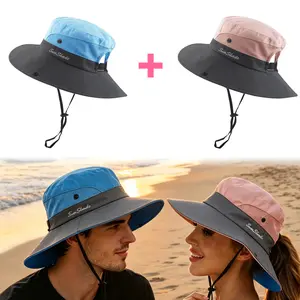 Blue & Pink Couple Sun Hats, Wide Brim UPF50+ UV Protection Ponytail Boonie Bucket Hats, Adjustable Quick-Dry Breathable Hats for Beach, Travel, Hiking & Couple Dates