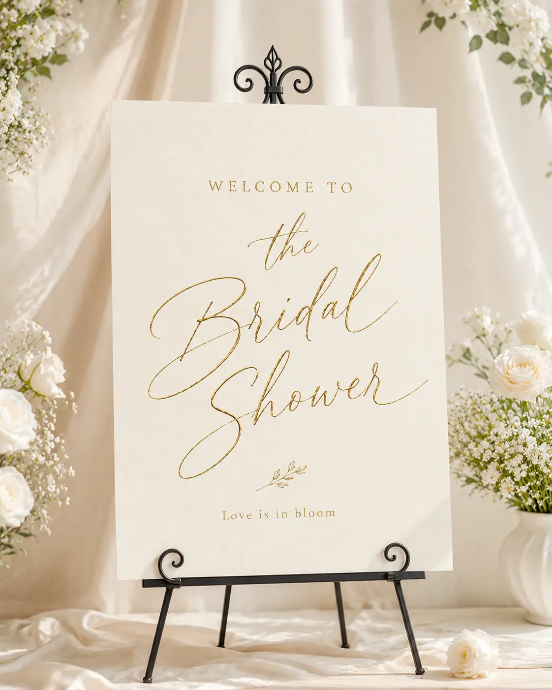 Bridal Shower Welcome Sign Poster, Love Is in Bloom Gold Script Paper Print, Elegant Wedding Party Entrance Decor, Minimalist Bride to Be Celebration Sign, Bridal Shower Backdrop, Bridesmaid Gift, Engagement Party & Wedding Reception Decor