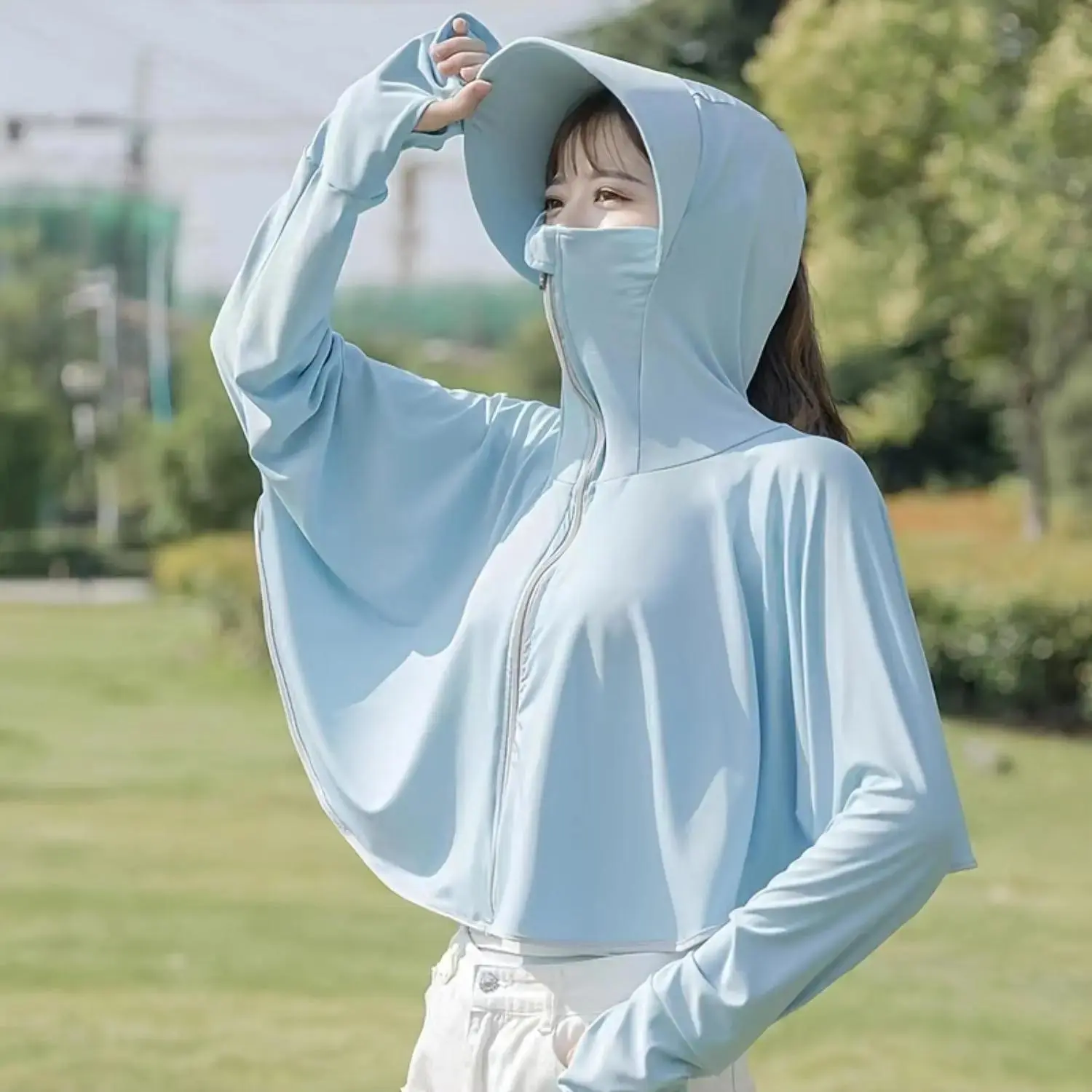 UPF 50 Sun Protection Jacket for Women Lightweight UV Protection Hoodie with Face Cover Cooling Breathable Quick Dry Sun Shirt Thumb Holes for Hiking Fishing Cycling Beach Travel Outdoor Wear