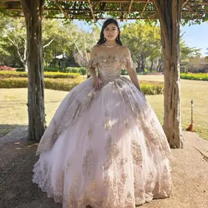 NO.48 Metallic Lace Quinceañera Dress Red Blush Ball Gown Dress Split Design Front & Back Corset Back Sweet 15